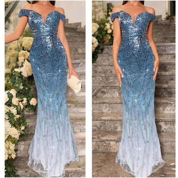 Ombre Sequin Off Shoulder Bodycon Party Formal Prom Wedding Dress - Picture 8 of 9